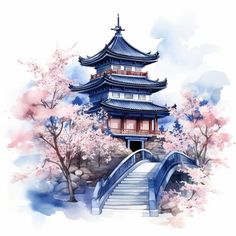 a watercolor painting of a pagoda and stairs