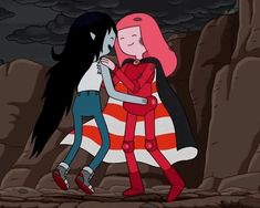 two cartoon characters hugging each other in front of rocks