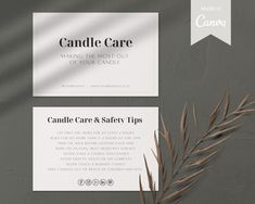 two business cards with the words candle care and safety tips on them, next to a plant