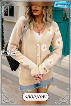 Printed Knitted Sweater Cardigan Daisy Sweater Daisy Sweater, Low Cut Dresses, Suspenders For Women, Cardigan Casual, Button Front Cardigan, Daisy Pattern, Sweater Coat, Printed Cardigan, Cardigan Sweaters For Women