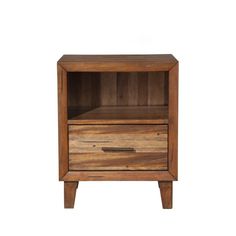 a wooden cabinet with two drawers on one side and an open drawer on the other