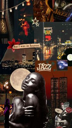 a collage of various images with the words jazz on them and an image of a woman hugging a man