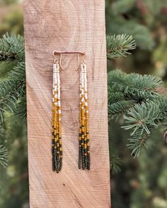 Delica Bead Fringe Earrings, Fall Color Beaded Earrings, Long Earring Display, Brass Beaded Earrings, White Beaded Earrings Native American, Free Bead Earring Patterns, Glass Seed Bead Earrings, Seed Bead Tassels, Long Beaded Earrings Diy