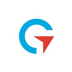 the letter g with an arrow in it's center is blue and has red arrows