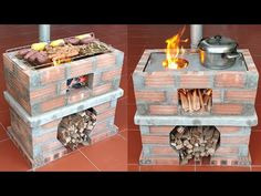 there are two pictures of a fire pit made out of bricks and logs, one showing the open door