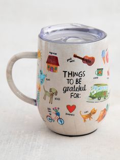 this is a coffee mug with things to be grateful for on it and the words