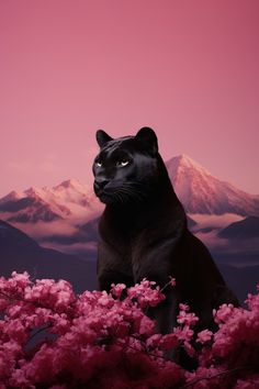 a black cat sitting in the middle of pink flowers with mountains in the back ground