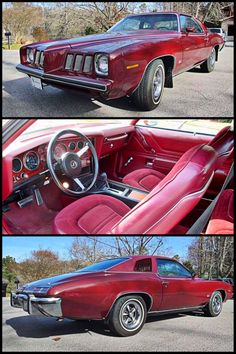 two pictures of the interior and dashboard of an old car, one is red with black trim