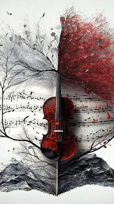 a violin with music notes on it and trees in the background, as well as an artistic composition