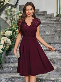 Floral Lace Scallop Trim Summer Prom Party Swing Dress Burgundy Elegant  Cap Sleeve Lace Plain A Line,Fit and Flare Slight Stretch Summer Weddings & Events, size features are:Bust: ,Length: ,Sleeve Length: Womens Prom Dresses, Scallop Trim, Prom Party, Dress Ideas, Ladies Party, Dress 100, Favorite Dress, Swing Dress, Dress P