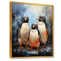 three penguins are standing together in front of a blue and white background with gold trim