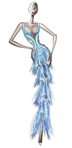 a woman in a blue dress with feathers on her body and arms behind her back