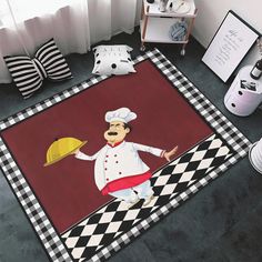 a kitchen area rug with a chef holding a tray on it's side and black and white checkered flooring