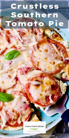 a close up of a plate of food with cheese and tomatoes on it, text reads crustless southern tomato pie