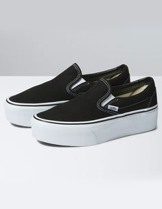 Vans Classic Slip-On Stackform Shoes. The Classic Slip-On Stackform Refreshes Our Original Slip-On Silhouette With An Even Chunkier Take On The Platform Aesthetic. Constructed With A 34 Mm Sidewall Height, This Platform Shoe Elevates A Classic Favorite While Bringing A New “off The Wall" Style To Your Look. Along With Sturdy Canvas Uppers, The Classic Slip-On Stackform Is Finished With Traditional Elastic Side Accents, Supportive Padded Collars, And Signature Rubber Waffle Outsoles. Imported. Platfrom Vans, Platform Slip On Vans Outfit, Platform Vans Slip On, Slipons Shoes, Vans Slip On Platform, Black Platform Vans, Platform Aesthetic, Platforms Aesthetic, Black Vans Outfit