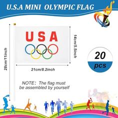 the usa olympic flag is on display in front of an olympic sign with people running around it