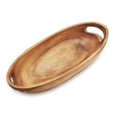 two oval wooden trays with handles on each side, one in the shape of an oval