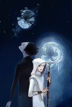 two people standing next to each other in front of a sky with stars and ice