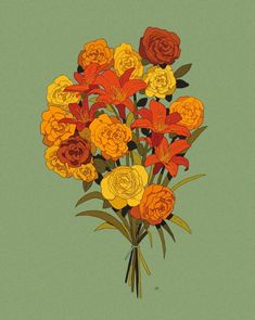 a bunch of flowers that are on top of a green surface and in the middle is an image of orange, yellow and red roses