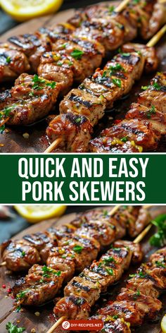 grilled pork skewers with lemon wedges and parsley on the side