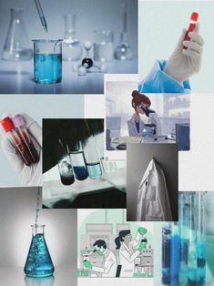 a collage of images with blue liquid in beakers and laboratory equipment on them