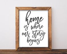 a wooden frame holding a black and white print with the words home is where our story begins