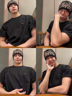 four pictures of a man wearing a hat and talking on a cell phone while sitting in a chair