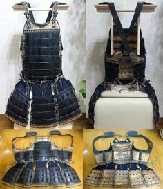 four different views of armor on display in various stages of being worn, including the front and back