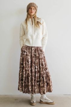 Midi skirt in brown Three Tiered Skirt, Maxi Outfits, Layered Sweater, Skirt Floral, Stretch Skirt, Weekend Brunch, Denim Accessories, Dresses By Length, Loungewear Sets