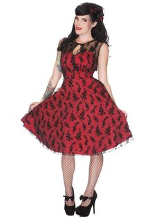 Women's+"Floral+Flocked"+Lace+Flaired+Dress+by+Voodoo+Vixen+(Red) 50s Rockabilly Fashion, Rockabilly Looks, Red Lace Dress, Floral Lace Dress, Overlay Dress