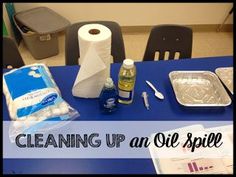 cleaning up an oil spillle with toilet paper and other items on the table in front of it