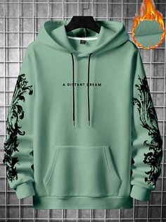 Men's Fashionable Hooded Fleece Sweatshirt Embossed With Letters Green   Long Sleeve Fabric   Slight Stretch  Men Clothing, size features are:Bust: ,Length: ,Sleeve Length: Men Hoodies, Hooded Sweatshirt Men, Women's Shapewear, Womens Tie, Mens Hooded, Fleece Sweatshirt, Winter 2024, Men Clothing, Casual Sweatshirt