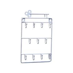 a white metal rack with hooks on it