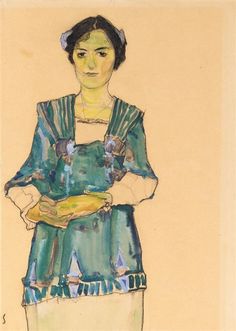 a drawing of a woman holding a banana in her hands and wearing a blue dress