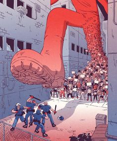 an illustration of a giant hand reaching out from behind a chain link fence as people stand in the background