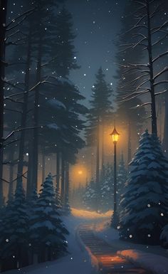 a snowy night in the woods with a street light and snow covered trees on either side