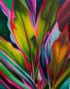 a painting of colorful leaves on a green background