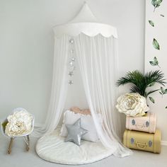 a white canopy bed sitting next to a chair and flower pot on top of a table