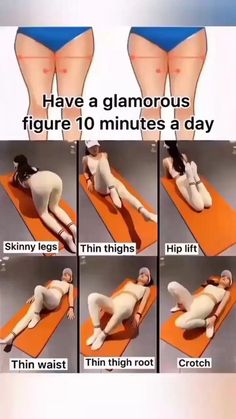 there is a woman laying on an orange mat with her legs spread out and the words, have a glamorous figure 10 minutes a day