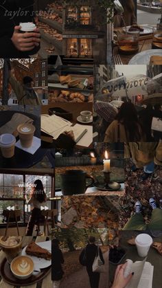 a collage of photos with coffee, food and people on the street at night