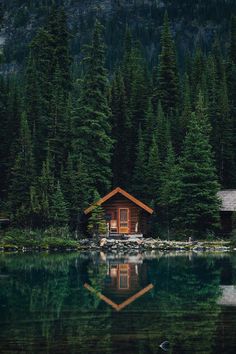 a cabin sits on the shore of a lake surrounded by trees