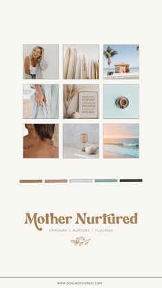 the mother nurtured flyer is shown in gold and white, with images of surfboards