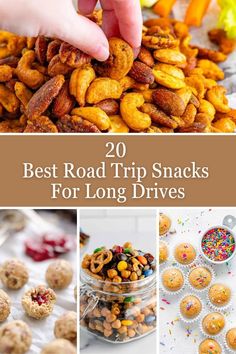 the top 20 best road trip snacks for long drives is featured in this collage