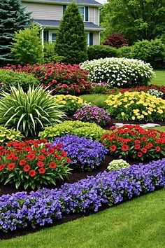 colorful flower garden in front of a house