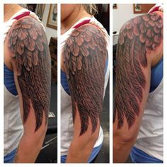 three different views of a woman's arm with an angel wing tattoo on it