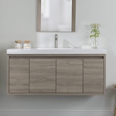 a bathroom vanity with a mirror above it