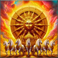 four white horses standing in front of a sun with the face of god on it