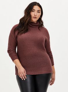 An exceptionally soft knit sweater featuring a turtleneck and ribbed hem and cuffs.    Yarn knit fabric. Turtleneck. Long sleeves; drop shoulders. Ribbed cuffs & hem. CONTENT + CARE Acrylic. Wash cold; line dry. Imported plus size tops. SIZE + FIT Model is 5'11”, size 1 . Size 2 measures 30” from shoulder. The best plus size women's walnut turtleneck pullover sweater sweaters in rose brown made of yarn. Torrid is your destination for cozy fall and winter clothes to keep you wa Plus Size Rockabilly, Womens Black Sweater, Cable Knit Turtleneck Sweater, Waffle Knit Sweater, Turtle Neck Sweater, Cowl Neck Long Sleeve, Drop Shoulder Sweaters, Burgundy Sweater, Mini Sweater Dress