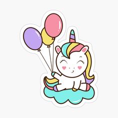 a sticker with an unicorn sitting on top of a cloud and holding some balloons