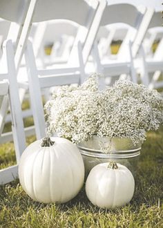 white pumpkins and baby's breath flowers are sitting on the grass